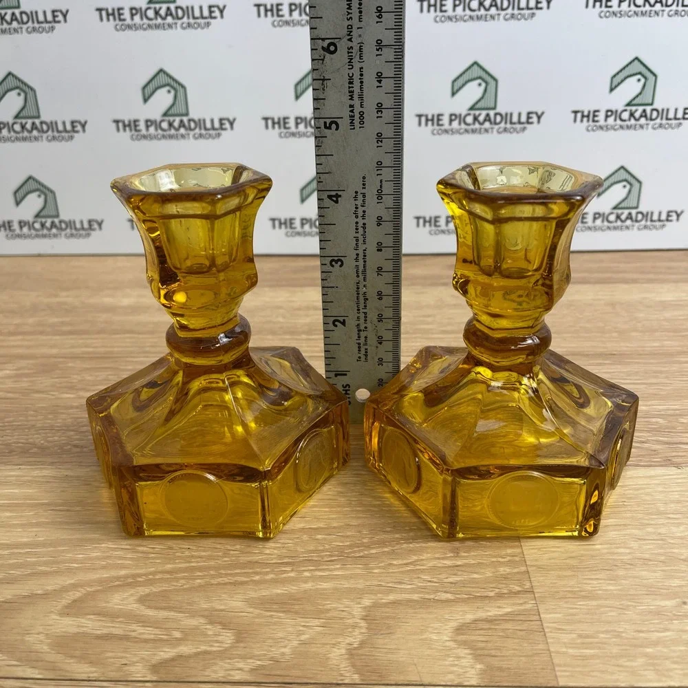 Vintage Amber Glass Hexagon Coin Candlestick Holders Liberty Bell Set of 2 4.5
